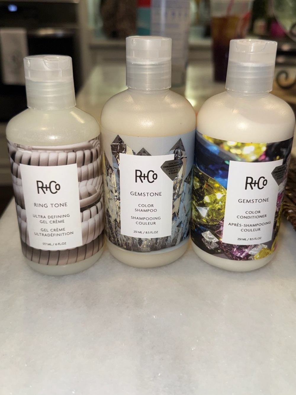 NEW-R+Co Gemstone Color Shampoo, Conditioner & Ring Tone Gel Cream Pearl Labels